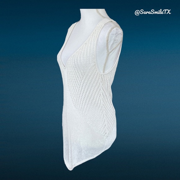 HELMUT LANG - Geometric Pointelle -  White Linen Chunky Knit Low Back Tank Top - Picture 14 of 15